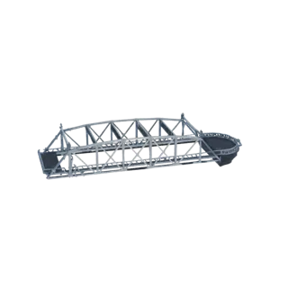 3D модель современного ферменного моста с серой металлической конструкцией и круглой платформой на одном конце на белом фоне.