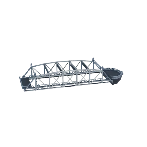 3D модель современного ферменного моста с серой металлической конструкцией и круглой платформой на одном конце на белом фоне.