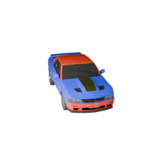 Мультяшная 3D-модель спортивного автомобиля, вид в три четверти в студии, стилизованный игровой ресурс с линиями кузова, осте