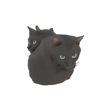 3D-рендер двух черных кошек, свернувшихся вместе, с большими голубыми глазами и мягким, стилизованным внешним видом.