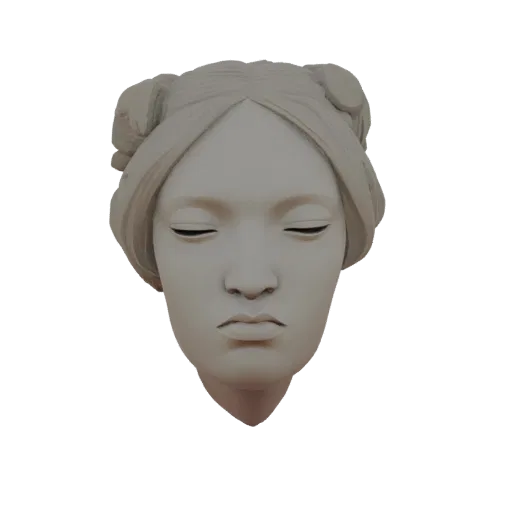 3D модель безмятежного бюста женской головы с закрытыми глазами и прической с двумя пучками, представленная в матовом, похоже