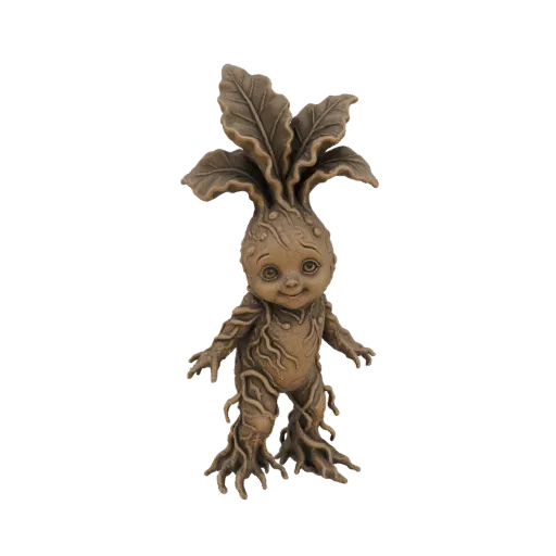 3D модель существа из корня мандрагоры с лиственной головой, телом из корней и дружелюбным выражением лица, представленная на