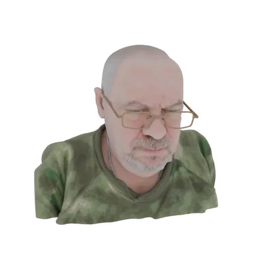 Рендер 3D модели мужчины среднего возраста с седыми волосами, в очках и камуфляжной рубашке, смотрящего вниз.