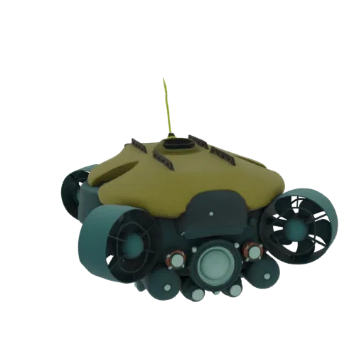 3D render of a yellow and teal underwater drone with visible thrusters and a central camera, set against a white background.