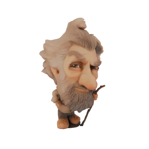 Рендер 3D модели карикатуры старика с седой бородой и деревянной палкой, вид по грудь.
