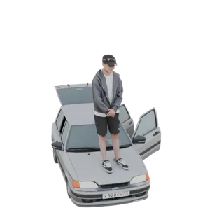 3D модель молодого человека в толстовке и шортах, стоящего на капоте серебристого автомобиля с открытым багажником и дверью.