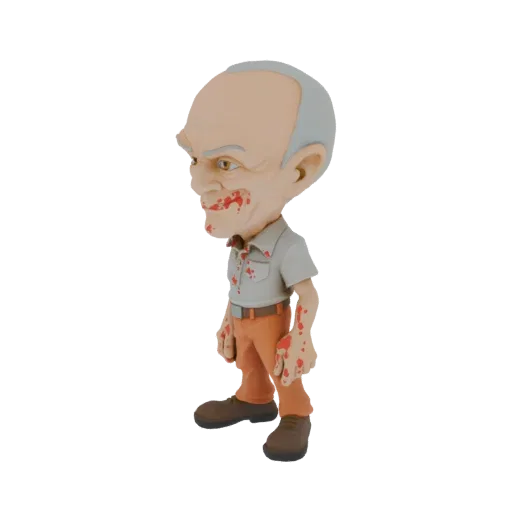 3D модель стилизованного зомби старика болванчика с брызгами крови на лице и рубашке, в оранжевых штанах и коричневых ботинка