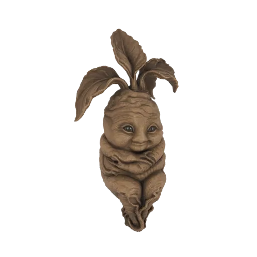 3D модель существа из корня мандрагоры с человекоподобным лицом, листовыми побегами и корнеподобным телом, представленная на