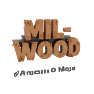 3D модель объемного логотипа MIL-WOOD, выполненная в виде деревянных букв с текстурой коры и опилками