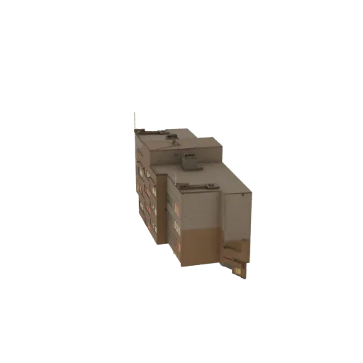 3D модель современного многоквартирного дома с несколькими этажами и окнами, вид под небольшим углом.
