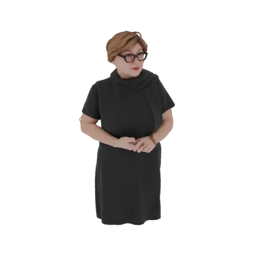 3D модель женщины с короткими каштановыми волосами, в очках и черном платье, стоящей со сложенными руками.