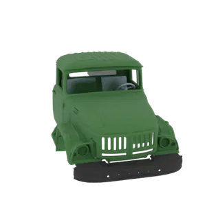 3D модель зеленой кабины советского грузовика, вид спереди, с решеткой радиатора, фарами и деталями интерьера.