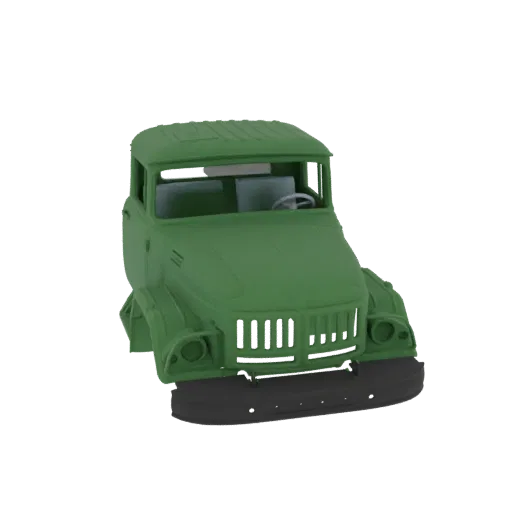 3D модель зеленой кабины советского грузовика, вид спереди, с решеткой радиатора, фарами и деталями интерьера.