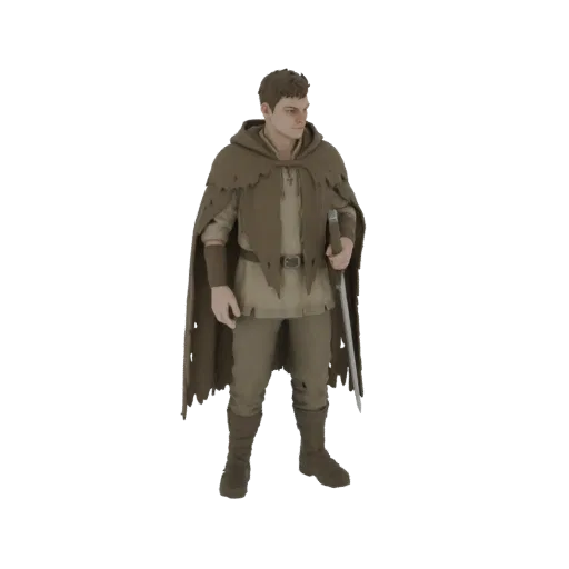 3D модель мужчины-искателя приключений в рваном коричневом плаще с мечом.