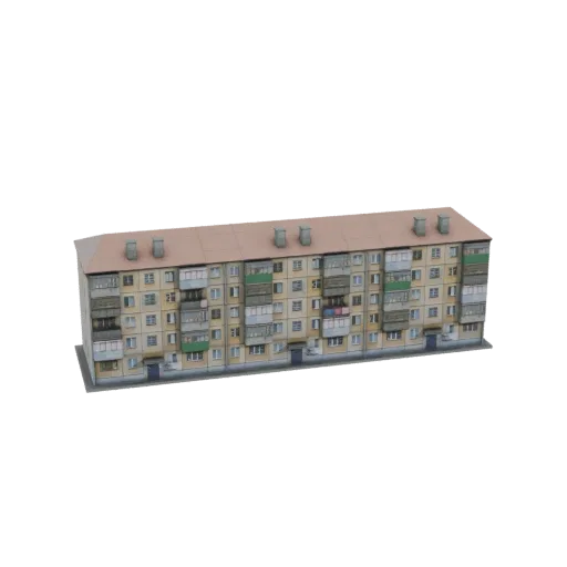3D модель длинного многоэтажного советского жилого дома с множеством балконов и окон на черном фоне.