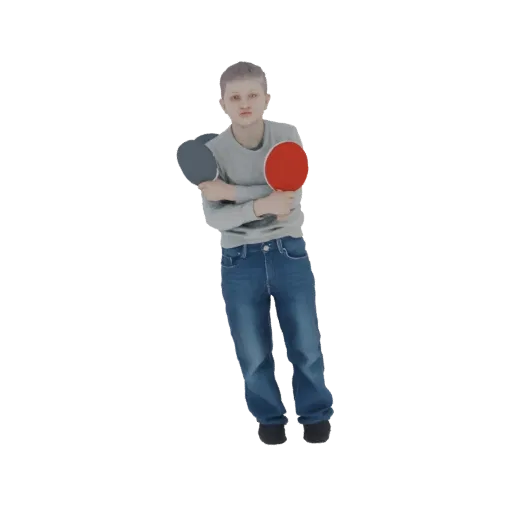 3D модель мальчика со светлыми волосами, в серой рубашке и синих джинсах, держащего красную и темно-серую ракетку для пинг-по