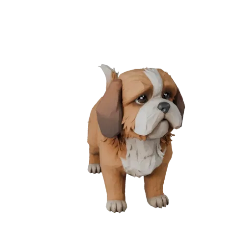 Низкополигональная 3D-модель Ши-тцу, вид сбоку в игровом ракурсе, низкополигональный ассет животного с направлением шерсти, о