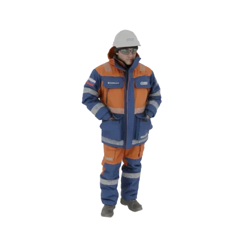 3D модель промышленного рабочего в белой каске, защитных очках и сине-оранжевой утепленной куртке и брюках.