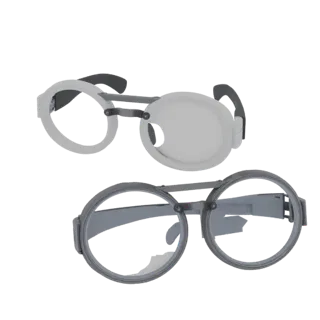 Круглые очки Печатаемая 3D-модель, изометрический STL-рендер, показывающий прозрачные линзы, масштаб для ношения на лице.