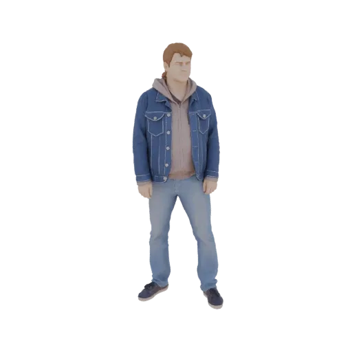 3D модель мужчины в повседневной позе, в синей джинсовой куртке поверх коричневого худи и светлых джинсов.