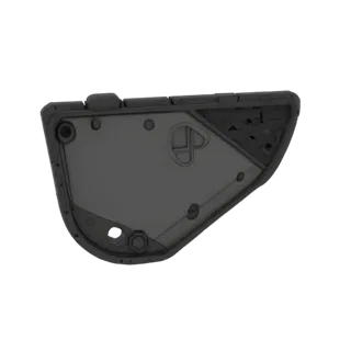 3D model of a dark gray geometric phone case, viewed from the interior, showing intricate structural details and mounting poi