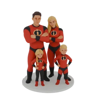 3D-модель семьи Суперсемейки, включая Мистера Исключительного, Эластику, Фиалку и Баш, в их супергеройских костюмах.