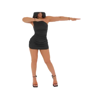 3D модель женщины в черном платье с драпировкой и туфлях на высоком каблуке, принимающей позу даб с вытянутыми руками.