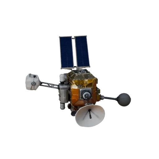 Реалистичная 3D-модель орбитального телескопа связи, рендер в студии с трех четвертей, показывающий солнечные панели, детали