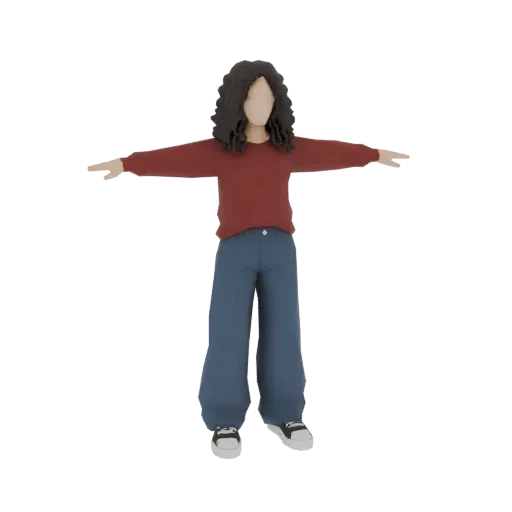 3D модель молодой девушки с темными кудрявыми волосами, в красном свитере и синих широких брюках, стоящая с раскинутыми рукам
