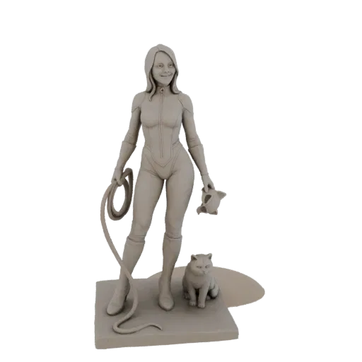 3D-модель женской фигуры в стиле Женщины-кошки в облегающем костюме, с кнутом и маской, с котом у ног.