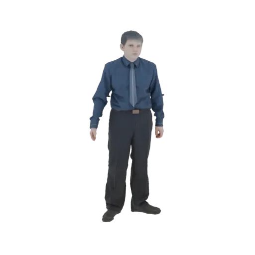 3D модель мужчины в синей рубашке и темных брюках, стоящего с руками по бокам.