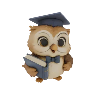3D модель милой мультяшной совы в синей шапочке выпускника и с синей книгой.