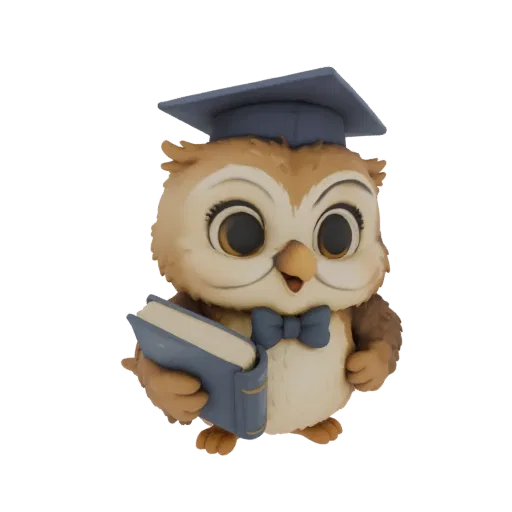 3D модель милой мультяшной совы в синей шапочке выпускника и с синей книгой.