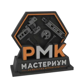 3D рендер шестиугольной таблички с логотипом 'PMK MACTEPИУM', с детализированными инструментами: петлями и винтами.