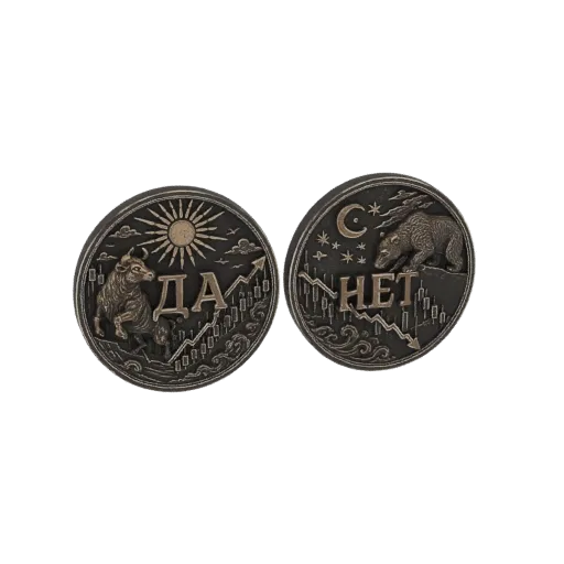 3D модель двух металлических монет: с быком и "ДА", с медведем и "НЕТ", символизирующих рыночные тренды.