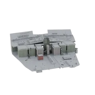 3D модель промышленного комплекса с центральной башней и зелеными силосами, вид под небольшим углом сверху.