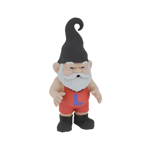 Рендер 3D модели злого гнома-атлета в красной майке с синей 'L' и черных ботинках, стоящего с решительным выражением лица.
