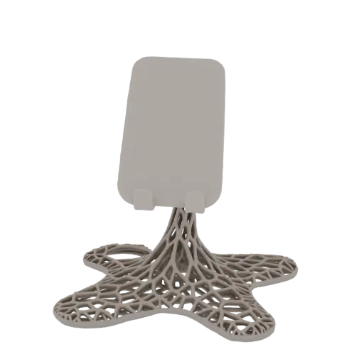 3D-модель подставки для телефона с серым смартфоном на основании в виде морской звезды с замысловатой органической решеткой.