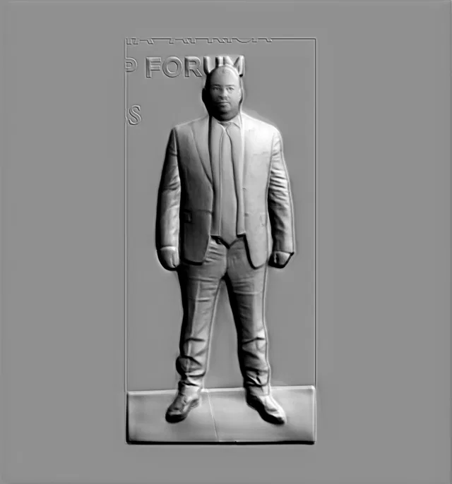 3D модель барельефа мужчины в деловом костюме с галстуком, с декоративной надписью сверху.