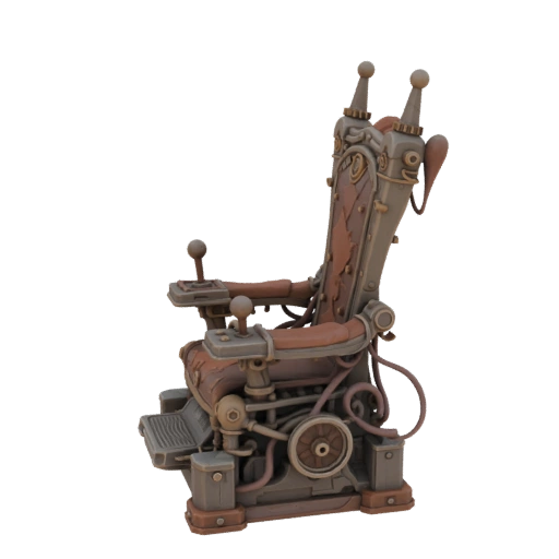 гоблинский трон, собранный из сломанного принтера, шредера, кабелей и металлического хлама, хаотичные гоблинские техн...